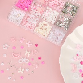 MOTIBACK 12 Grid Pearl Nail Charms,3D Nail Decorations with Pink Bow Acrylic Flowers Flatback Pearls Gems Rhinestones, DIY Craft Manicure Supplies for Women