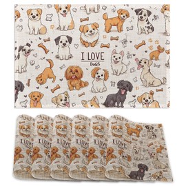 Placemats12x18 Inch,Cute Dogs Placemats,Pet Bones Kitchen Dining Coffee Table Mats Set of 6 for Home Indoor Outdoor Party