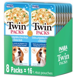 INABA Twin Packs for Dogs, Shredded Chicken & Broth Gelée Side Dish/Topper Pouch, 1.4 Ounces per Serving, 16 Servings, Chicken with Vegetables & Cheese Recipe