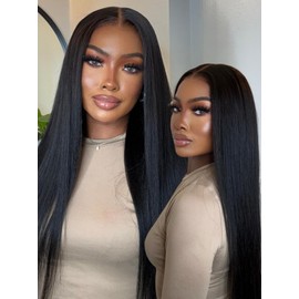 Nadula Bye Bye Knots Glueless Wig Yaki Straight Human Hair Pre Cut 7x5 Invisible Knots HD Lace Front Put on Go Wig Pre Plucked Ready to Go Light Kinky Staight Wigs 150% Density 16inch