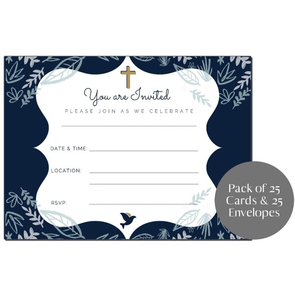 Elcer 25 Religious Invitations Boys & Girls Navy Blue & Gold | Fill in Blank Cards Invites Holy First Communion Baptism Confirmation Christening Reconciliation | 25 ct with envelopes | 5" x 7"