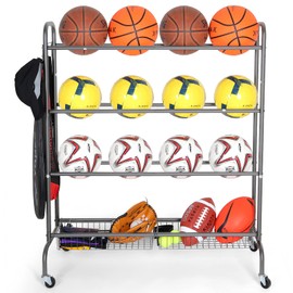 EXTCCT Basketball Rack, Outdoor Rolling Basketball Shooting Training Stand,Sports Equipment Storage with Wheels, Garage Four-Layer Ball Holder with Two Basket for Basketballs Footballs Volleyball