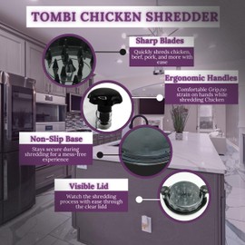 TOMBI Chicken Shredder | 4 in 1 Visible Meat Shredder with Mat, Tong, Tray & Brush | BPA-Free, Non-Slip, Dishwasher Safe | Perfect for Shredded Chicken, Pork & Beef