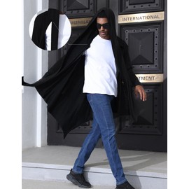 OYOZONE Men's Long Hooded Cardigan Ruffle Shawl Collar Open Front Lightweight Drape Cape with Pockets, Black, Large