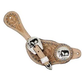 Showman Ladies size LEATHER SPUR STRAPS w/ PRAYING COWBOY CONCHOS light medium black - Light oil