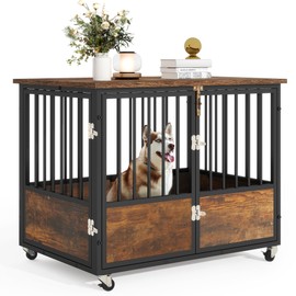 DWVO Dog Crate Furniture with Wheels, 38 Inch Dog Kennel Indoor Furniture End Table Dog Crate for Dogs, Farmhouse Decorative Wooden Dog Cage Table with Double-Doors, Chew-Resistant, Rustic Brown