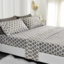 American Home Collection 4 Piece Print Bedding Sheets & Pillowcases Set Brushed Microfiber Wrinkle Free 14 Inches Deep Pocket Grey Patterned Sheets (Twin, Gray Quatrefoil)