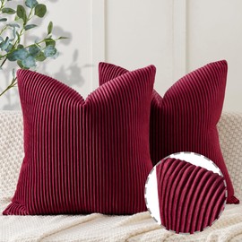 YCOLL Wine Red Pillow Covers 18x18 Set of 2 Velvet Striped Pattern - Soft Throw Pillows for Home Decor, Luxury Decorative Pillow Covers for Couch, Bed,Living Room