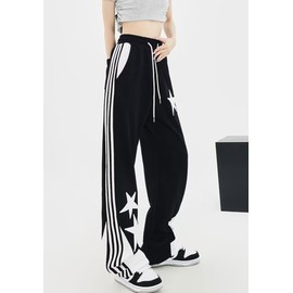 Sunidol Women's Wide Leg Sweatpants with Pockets Star Striped Printed Comfy Drawstring High Waist Casual Pants Black M
