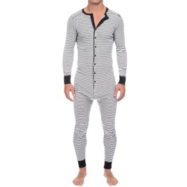 Men's Full Bodysuit Onesie Jumpsuit Long Sleeve Button Down Pajama Romper Comfortable Soft Striped One Piece Coverall Sleepsuit Pjs Loungewear Night Suit White