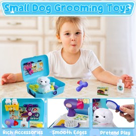 TEUVO Pet Care Play Set for Girl Toys Vet Set with Plush Dog Grooming Feeding Toys Pet Carrier Kids Vet Kit Toys Pretend Play Veterinarian Toys Gifts for 3 4 5 6 7 Years Old Girls Boys Birthday Xmas