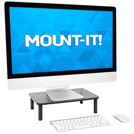 MOUNT-IT! Height Adjustable Single Monitor Riser | Metal Mesh Computer Screen Platform | Desktop Riser for Laptop, Monitor, and Printer | 44lbs Capacity (Black)