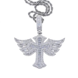 ATJMLADY Holy Cross Wing Pendant Necklace for Hip Hop Men Women Micro Paved Bling Rectangle Round Cz Jewelry (silver)