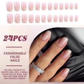 24Pcs French Tip False Nails with Nail Glue, Clear White Gradient Press on Short Square, Elegant Design for Women, 12-24 Sizes, Acrylic Lasts 1-3 Weeks, Easy 5-Minute DIY (Clear White)