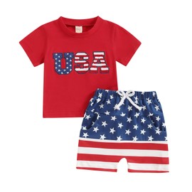 Baby Boy 4th of July Outfit Toddler Summer T Shirt Shorts 2pcs Set Newborn My First Fourth of July Clothing (J USA Embroidery Letter Red, 18-24 Months)