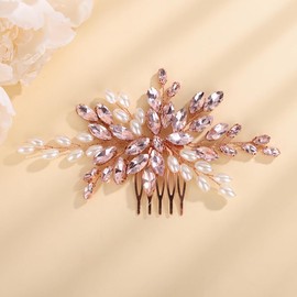 Teyglen Bride Crystal Wedding Hair Comb Pearl Bridal Headpiece Sparkly Pink Rhinestone Pearl Hair Side Comb Handmade Crystal Hair Piece Hair Accessories for Women (Pink)