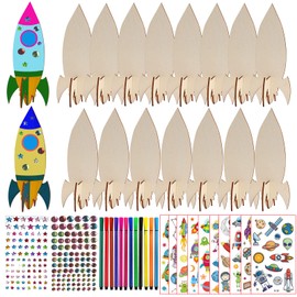 231Pcs Raketen Holz Bastelset, Raketen Spielzeug fürr Kinder, Kindergeburtstag Basteln, mit 15 Raketen Holz, 202 Strasssteine, 12 Farbstifte, 2 Aufkleber, Bastelset für Mädchen/Jungen DIY Handwerk B