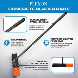 PLEXON 50" Concrete Placer 20" Wide Blade with Metal Handle, Concrete Rake Spreader Puller, Concrete Come Alone, Kraft Concrete Tool Finishing Leveling, Concreto Herramientas