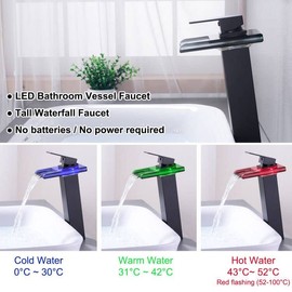 Rzoeox LED Bathroom Sink Faucet, Tall Bathroom Vessel Sink Faucet, Waterfall Bathroom Faucet Single Handle 1 Hole and 2 Water Supply Lines, Brass Bathroom Faucet with Open Glass Spout