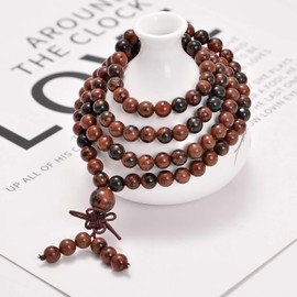 AD Beads Natural Gemstones Buddhist 108 Prayer Healing Beads Mala Stretchy Bracelet Necklace 6mm (Mahogany Obsidian)