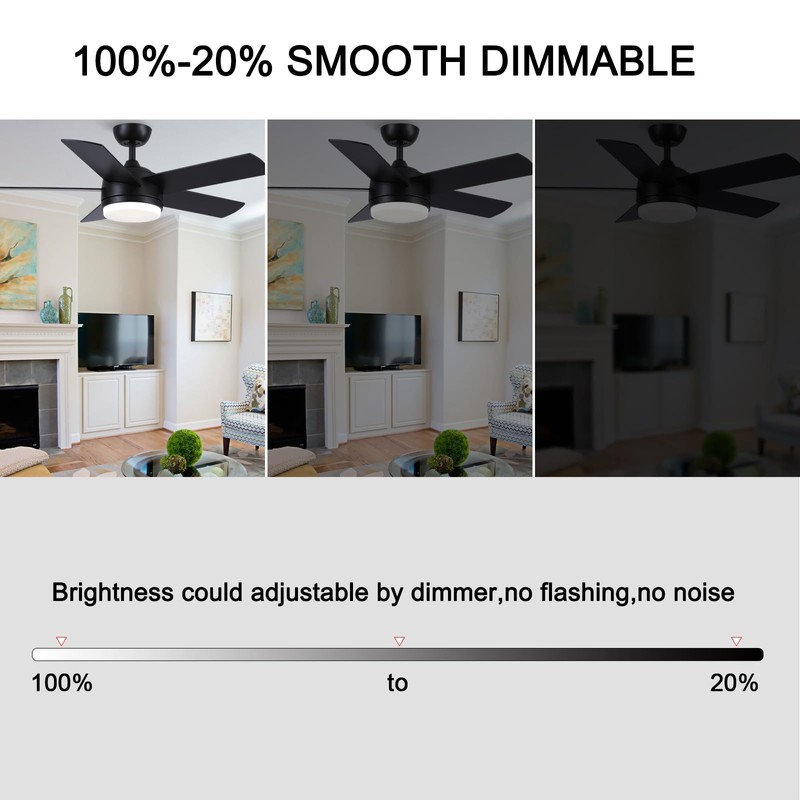 YUHAO 44 inch Black Ceiling Fan with Lights and Remote