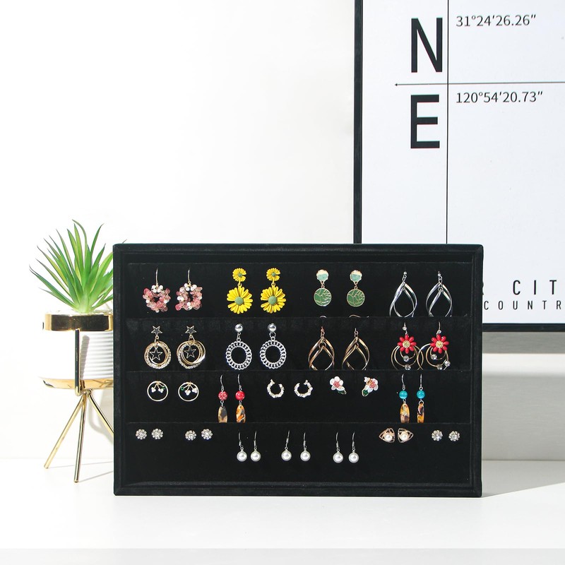 Coward 2PC Black Velvet Stackable Earring Tray Drawer Jewelry Holder