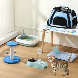Eccliy Kitten Starter Kit, 10 Piece Cat Starter Kit for Indoor Cats Kitten Essentials Includes Litter Box, Pet Toys, Folding Carrier, Climbing Frame, Mat, Collar, Automatic Food Bow(Blue)