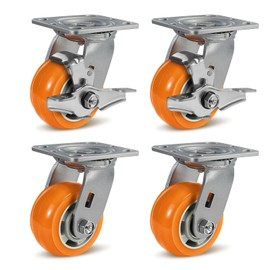 NINOSO 4" Casters, Heavy Duty Industrial Caster Wheels, Crowned Tread Aluminum Core Thickened Polyurethane Casters Set of 4 with Load 3200lbs Capacity, Wheels for Cart Toolbox (2 Brake & 2 Swivel)