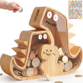 Upgraded Piggy Bank for Kids set, 3 Piece Wooden Dinosaur Piggy Bank for Boys ＆ Girls 3-in-1 Wood Dino Money Bank for Toddlers Creative Money Saving Box Gifts for Children Birthday Festival Gift Ideas