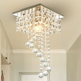 Finktonglan Mini Crystal Chandelier, 7.9" Square Flush Mount Ceiling Light, 1-Light E26, K9 Crystal & Stainless Steel, Modern Ceiling Fixture for Hallway Bedroom Entryway Closet, Chrome