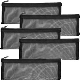 5Pcs Mesh Zipper Pencil Pouch Set, Black Nylon Pencil Case with Zipper, Durable Mesh Pen Bag for School and Office Supplies, Multi Use Makeup Storage Organizer