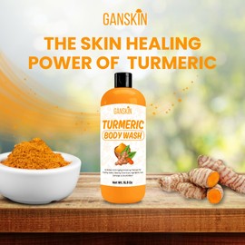 Ganskin Turmeric Body Wash – Skin Brightening Liquid Soap for Discoloration – Natural Anti Aging Exfoliating Turmeric Body Wash for Spots, Acne, Sun Damage – Bath Soap Skincare