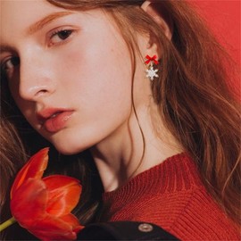 Christmas Snowflake Earrings for Women Small Sparkly Crystal Christmas Tree Earrings CZ Winter Bow Star Snowflake Earring Christmas Xmas Festive Accessories (Red Bow Snowflake)