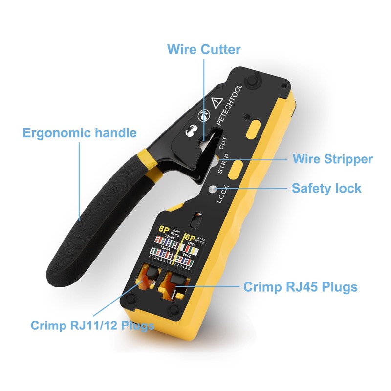 PETECHTOOL RJ45 Crimp Tool Cat5 Cat5e Cat6 Crimping Tool Ethernet