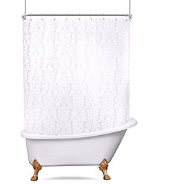 Riyidecor Vintage Damask Around Shower Curtain White Clawfoot Tub Fancy Floral with Magnets 180 x 70 Inches Home Extra Wide Heavy Duty Shower Panel PEVA Waterproof Material with 32-Pack Shower Hooks