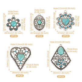 Spritewelry - 10 abalorios de turquesa con diamantes de imitación occidentales para hacer joyas, colgante de plata antigua, colgante de corazón y flores para hacer collares bohemios