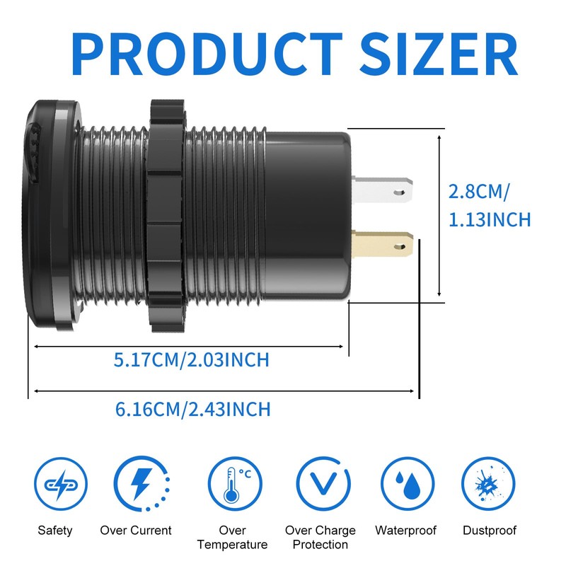2 Pack 12V USB Outlet 3 Port Car Charger Socket,