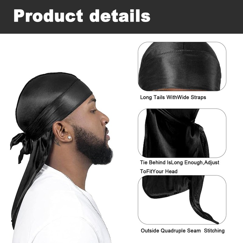 HEIZHU Silk Durag Mens for 360 Waves Dreadlocks, Silky Satin