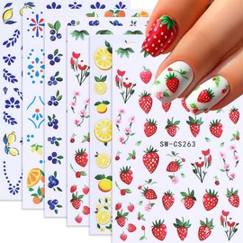 Nail Art Stickers, Summer Nail Decals 3D Self-Adhesive Cute Fruit Lemon Cherry Strawberry Blueberry Pattern Summer Design Manicure Tropical Nail Accessories for Women Girls(6Sheets)