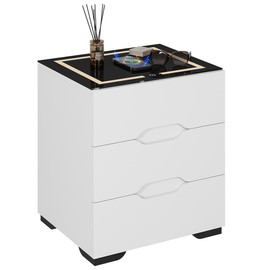 Back To School Nightstand Cabinet with Wireless Charging Station, LED Lights, 3 Drawer Feature, Modern Design, US Plug Compatible - Color: White