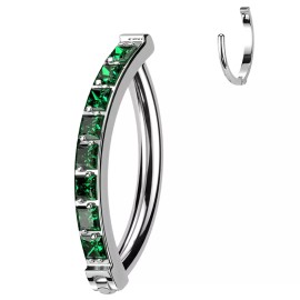Satix 14G Hinged Clicker Belly Button Ring CZ Titanium Reverse Navel Hoop 3/8" 10mm - Silver - Dark Green CZ