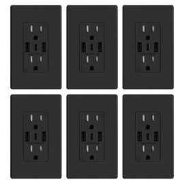 ELEGRP USB Wall Outlets, 3-Ports USB C Wall Outlets Receptacles, Matte Black 15 Amp Outlets with USB Ports, TR Tamper-Resistant USB Outlets, Screwless Wall Plate Included, UL & CUL Listed, 6 Pack