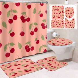 Boewywh 4 Pcs Bathroom Sets with Shower Curtain and Rugs, Cute Red Cherry Fruit, Bath Decor Summer Cherries Green Leaf Shower Curtain Sets for Bathroom Decor with 12 Hooks