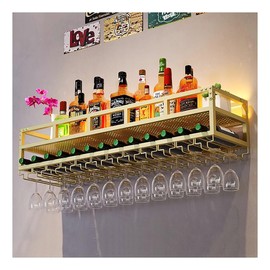 LED Wine Rack Wall Mounted, Industrial Metal Wall Wine Shelf & Glass Holder, Large Floating Shelves Wine Bottle Storage Display Rack for Home Bar Dining Room Decor(Gold, 31.5 x 9.8 x 10.6 inch)