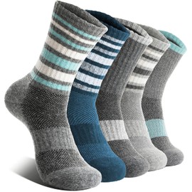 EBMORE Womens Merino Wool Hiking Socks Thermal Winter Warm Compression Crew Cushion Work Gift Socks Stocking Stuffers for Women 5 Pairs(Green Grey,L)