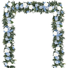 Lvydec 2 Pack Artificial Peony Flower Garland - 6ft Silk Peony Vine Willow Leaves Garland Blue and White Arch Flower Vine for Wedding Party Table Decoration (Blue)