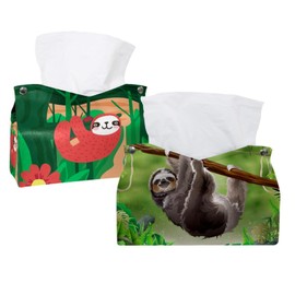 2 Pack Tissue Box Cover Holder, Sloth in Jungle Rainforest Rectangle Leather Tissue Case, Decorative Organizer for Tabletop, Bathroom, Car, Office