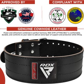 RDX 4 Inch Leather Weightlifting Belt, IPL USPA Approved, 12 Adjustable Holes, 6 mm Training Belt Buckle, Powerlifting Fitness Strength Training Belt Bodybuilding, Weightlifting Padded, Men Women
