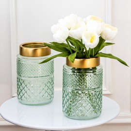 2-Pack Flower Vase Glass, Green Fluted Vase with Golden Metal Top, Stylish Decorative for Tabletop Centerpiece, Kitchen, Living Room, Bedroom, Bathroom, Office(Mint Green-Set of 2)