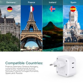 2 Pack European Travel Plug Adapter, US to Europe Plug Adapter with 3 Outlets 3 USB Charging Ports(2 USB C), Type C Plug Adaptor Travel Essentials to Most Europe EU Spain Italy France Germany Iceland